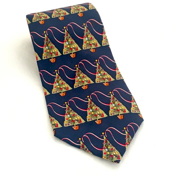 Hallmark Christmas Tree Tie Mens 100% Silk Yule Tide Holiday Dress Suit Navy - Picture 1 of 6